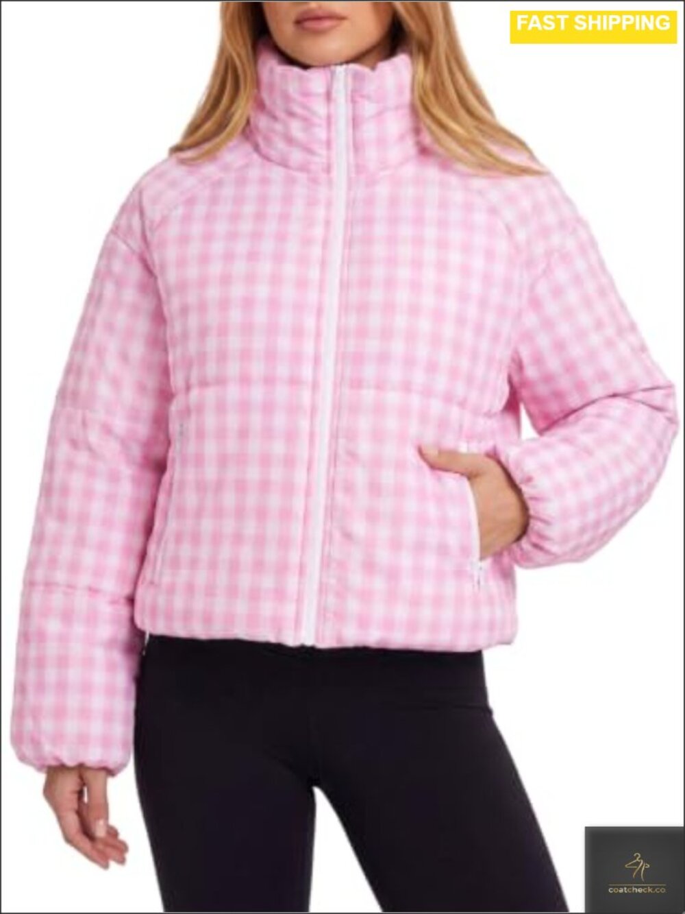 Plaid Quilted Puffer Jacket Zip Up Cropped Warm Winter Coat